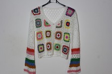 Hippie Häkeljacke/Häkel Jacke Granny weiß-bunt Gr. M Boho India Schlagärmel