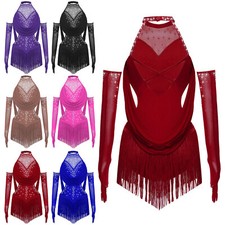 Kinder Mädchen Standard Tanzkleid Turnier Strass Glitzer Fransenkleid Ärmellos