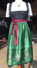 Designer Dirndl, Leinen, grün, dunkel, Gr. 36, grau anthrazit Hirsch, Wenger rot