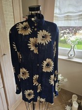Damen Bluse Shirt Oberteil Blau mit Sonnenblumen Feinkrepp Gr. 40 | 42