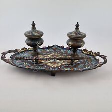 Antik 19. Jahrhundert Champleve Emaille & Messing Schreibtisch Tintenwell Ständer & Tauchstift