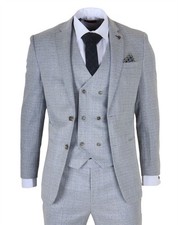 Herren Hellblau Kariert 3 Stück Anzug Slim Fit Formell Hochzeit Arbeitskleidung