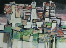 Gemälde Tempera Komposition Leuchtturm Landschaft Hans Pluquet Signiert 61