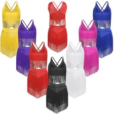 Damen Latein Tanzkleid Glitzer Ballettkleid Shiny Tassel Fransenkleid Kostüme