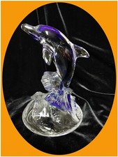 CRISTAL D'ARQUES France Delfin Delphin blau 586g schwer Glas Figur Sockel w. NEU