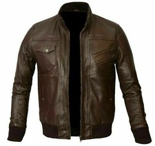 Herren Echt Lammfell Leder Braun Vintage Klassisch Bomber Biker Café Racer Jacke