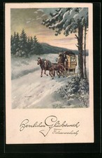 Präge-AK Winterliche Landschaft mit einer Postkutsche, Neujahrsgruß 1942 