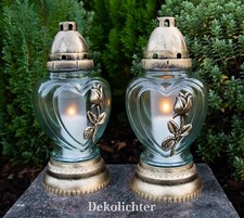 2x Grablicht 26cm Grablaterne Lampe Grableuchte Glas Grabschmuck Kerze gold Herz