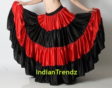 Rot & Schwarz Satin 11m Abgestuft Zigeuner Rock Bauchtanz Rüschen Jupe Flamenco