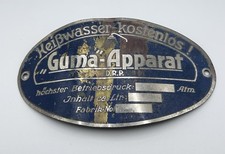 Altes Blechschild „Guma“-Apparat D.R.P. Heißwasser Kostenlos Antik Typenschild