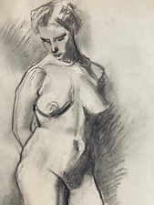 Hans Mayer-Foreyt Stehender weiblicher Akt - Große Original Kohlezeichnung