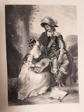 Love Liebe Amore Stahlstich antik Grafik Musketiere Frau Mann Gravur Gitarre Art