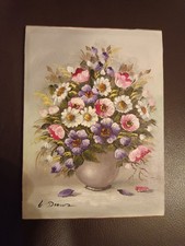 Original kleines Ölgemälde Blumenstilleben 13x18 cm signiert Drews