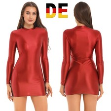 Damen Öl Minikleid Bodycon Kleid Langarm Glossy Kleider Figurbetont Partykleid