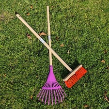 Kinder Garten Geräte SET Laub Rechen Fächerbesen Metall Straßen Besen Holzstiel