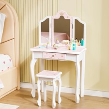 Kinder Schminktisch Frisiertisch mit Hocker & Spiegel & Schublade Holz Rosa DE
