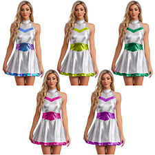 DE Damen Kostüm Hohe Taille Kleid Disco Outfits Karneval Rüschen Kadett Ärmellos