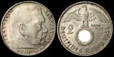 Drittes Reich 2 Reichsmark 1938 D Hindenburg Reichsadler Swastika 625er Silber