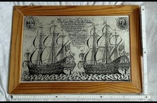 Großes altes Bild Niederländische Segelschiffe mit Spruch Metall Silber Schwarz 