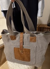 Tasche Jute/Leder mittelgroß Hellgrau cognac;  L 34 cm ; B 16 cm; H 30 cm