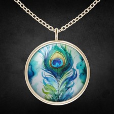 Halskette Kette Mit Anhänger Pfauenfeder Pfauenauge Pfau Edelstahl Glas Blau