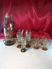 9 Antike Gläser Römer 1 Karaffe Zinn Mundgeblasen Handbemalt Streublümchen (5504