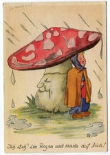 Ak Künstlerkarte EV Kind unter Fliegenpilz Regen 1948