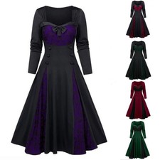 Damen Vintage Gothic Mittelalter Langarm Kleid Slim Spitze Large Swing