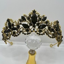 Barockstil Diadem Krone Gold mit Schwarzen Strasssteinen Floral Filigran