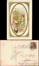 Ostern Eastern Junge und Mädchen pflücken Ostereier Hahn 1913 Gold Prägekarte
