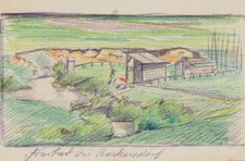 B. BURGER (1892-1968), Postkarte. Freibad bei Burkersdorf, Buntstift Jugendstil
