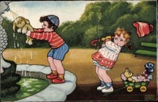 Künstler Ak Boriss, M., Junge wäscht seinen Hund, Puppenwagen, Brunnen - 2919650