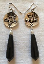 HÄNGE OHRRINGE TRADITIONELL INDISCH STERLING SILBER KLEINE PERLE & ONYX STEIN