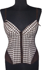 Damen Korsett Corsage Bustier Kariert Muster Braun Weiß Glitzer Gr. S 75B