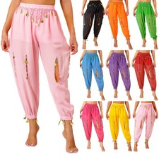 DE iEFiEL Damen Bauchtanz Hose Chiffon Tanzhose Mit Münzen Ausgehöhlt Pumphose