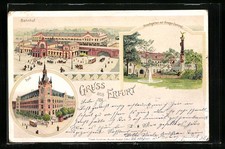 Lithographie Erfurt, Bahnhof, Post, Hirschgarten mit Kriegerdenkmal 1896 