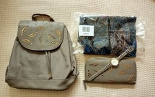 Damen Rucksack Set 5-tlg. + Geldbörse + 2x Halstuch + Uhr, goldene Federn-Design