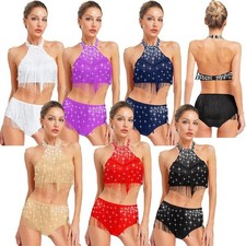 DE iEFiEL Damen Glitzer Strass Crop Top Neckholder Oberteil und Tanz Unterhose