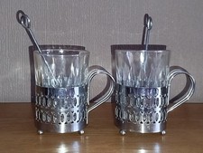 VINTAGE VERSILBERT MIT GLASEINSATZ TEE KAFFEE GLÄSER X 2 