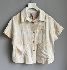 Oversize Hemdbluse Bluse Jacke Paisley Damen Gr. S M L 36 38 40 Beige Vis Leinen
