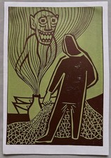 Friedrich Dworak Linolschnitt - Der Geist in der Flasche, grün