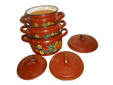 4x Konvolut DDR Emaille KOCHTOPF + DECKEL VINTAGE Töpfe Topf Prilblumen Braun