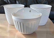 2x Blumentopf in Rattan Optik weiß + 1 Pflanztopf zum Aufhängen weiß
