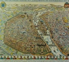 ANTIKE LANDKARTE KOLOR- Lithografie des " PLAN DE LA VILLE CITTE DE PARIS 1698"