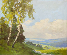 ::ÖLGEMÄLDE SIGN.LECHNER KARL MARIA 1890-1974 BERGLANDSCHAFT  TAL BIRKEN BÄUME