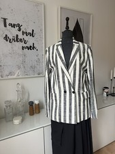 Bershka Blazer Leinen Doppelreiher Streifen Grau Weiß Gr. L