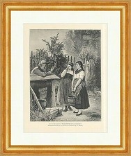 Der alte Rourmacher Hugo Oehmichen Frauen Brunnen Eimer Wasser Holzstich A 1746