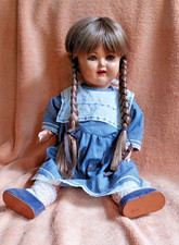 Antike K&W König & Wernicke Puppe 20iger Mädchen mit Zöpfen 47 cm Kleidung Spitz