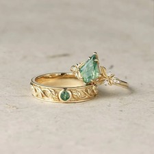 2 Stck. Moosachat Diamant Verlobung Ehering Paar Ring 18 K Gelbgold über