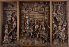 Historismus Holz Eiche Relief mit Mittelalter Darstellung wohl 19.Jhd Triptychon